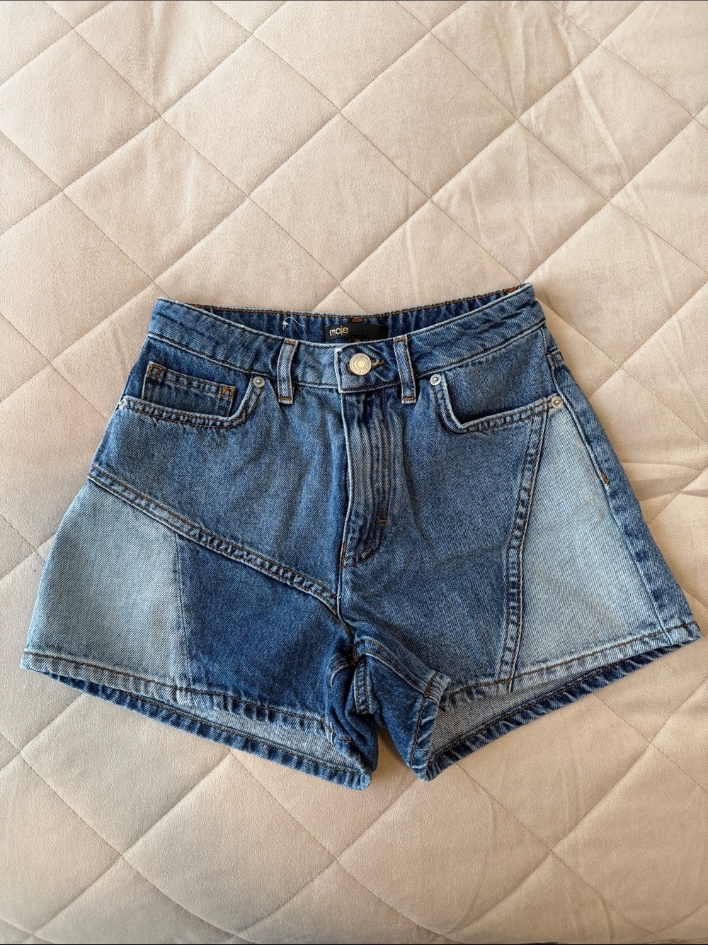 Maje Two-Tone Blue Denim High-Waist Shorts